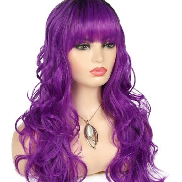 Purple Long Curly Wig With Bangs